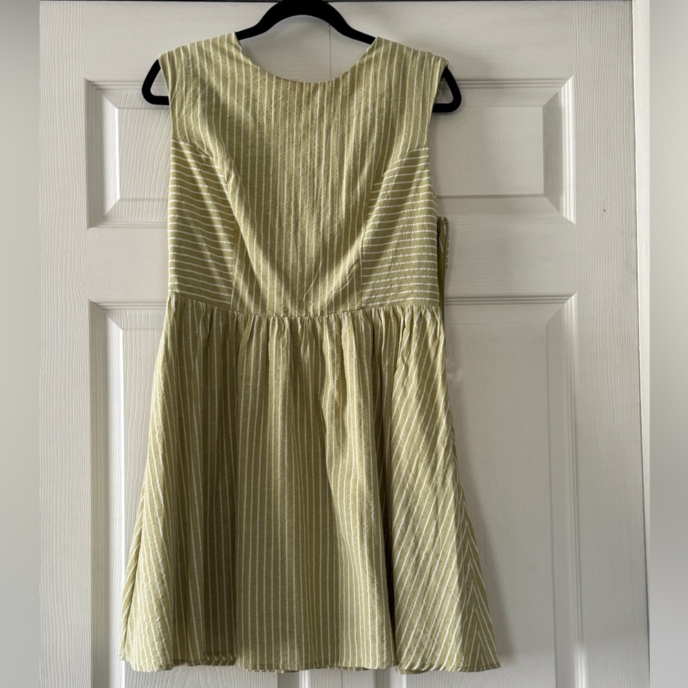 Tie Back Dress. En Saison Sage Green and White Stripe Fit and Flare Dress